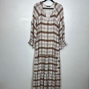 Mixed Boho Plaid V-Neck Long Sleeve Ruffle Cuffs Maxi Dress Size 6